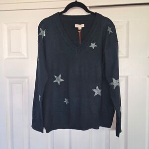 Knox Rose V-Neck Sweater Womens Long Sleeve Sequins Stars Casual NEW Navy Small